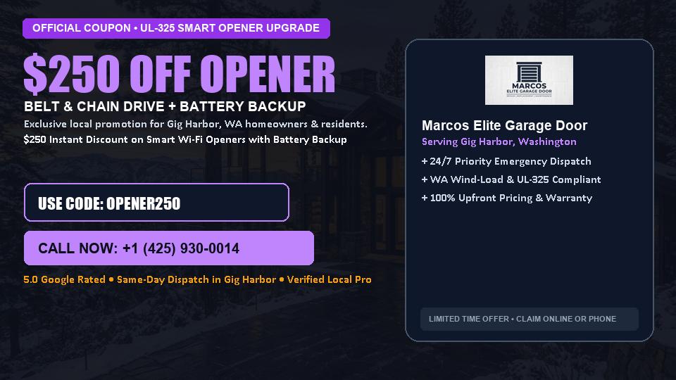 Marcos Elite Garage Door $250 OFF Premium LiftMaster Opener Installation in Gig Harbor, WA