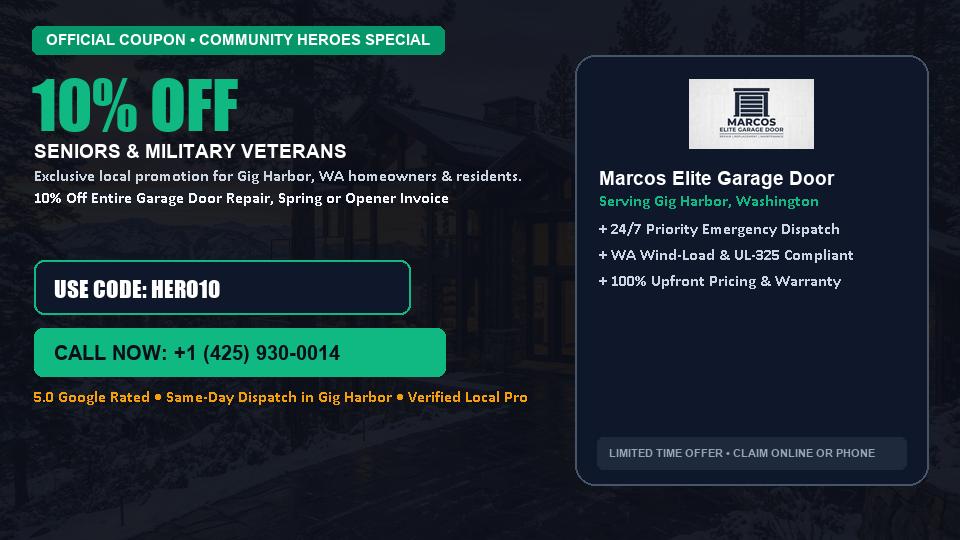 Marcos Elite Garage Door 10% OFF Seniors & Military Veterans in Gig Harbor, WA